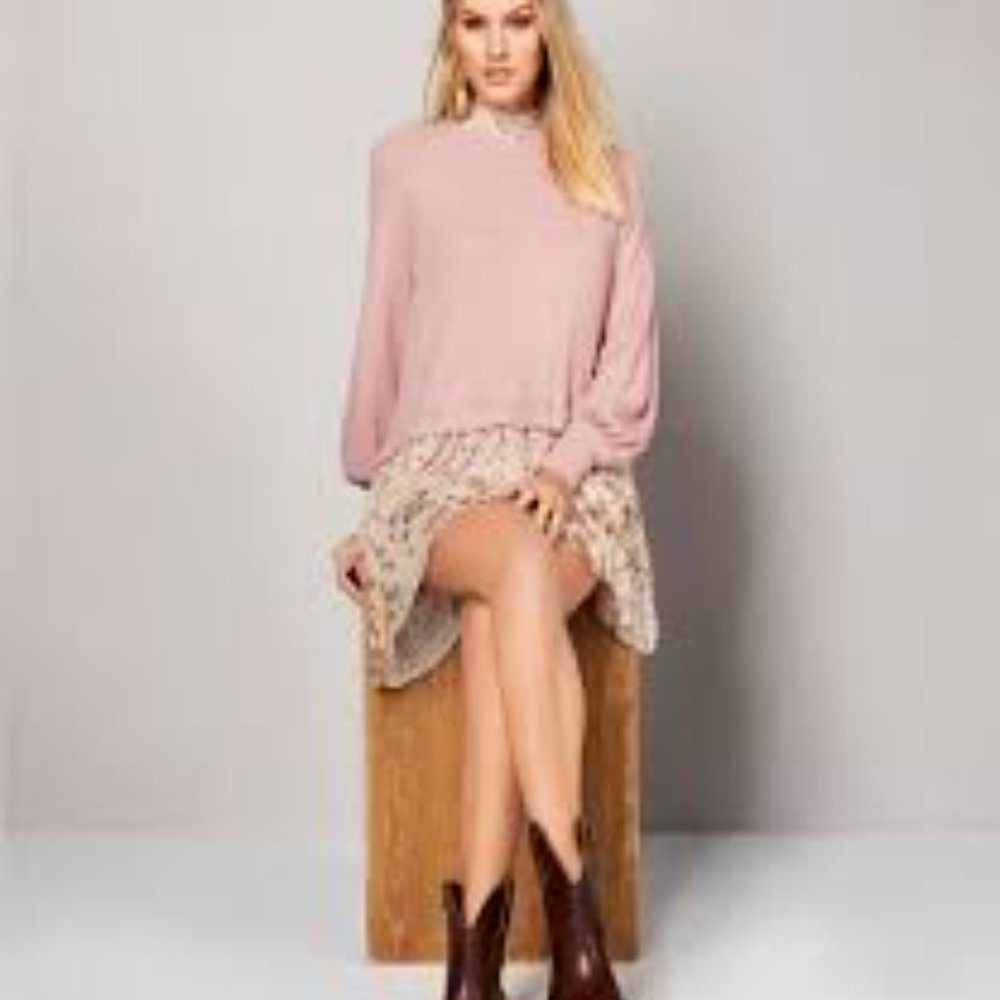Free People Opposite Attraction Waffle Tiered Pink Mini Dress Size M